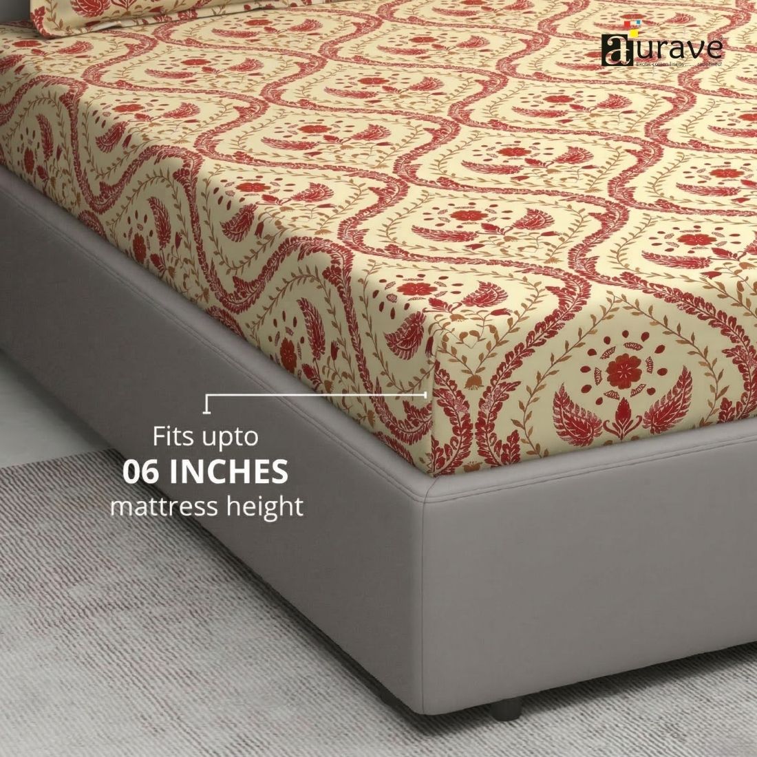144TC 100% Elastic Fitted Bedsheet  with red floral pattern on a mattress, Fits upto 06 inches mattress height compatibility.