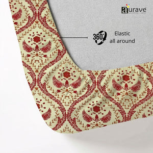 144TC 100% Elastic Fitted Bedsheet  Fabric with red floral pattern on a beige background, 360 all around elastic.