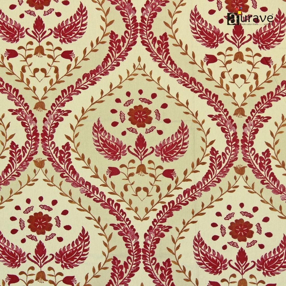 Decorative fabric pattern with red and brown floral design on a beige background