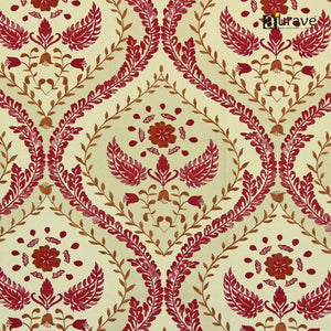 Decorative fabric pattern with red and brown floral design on a beige background