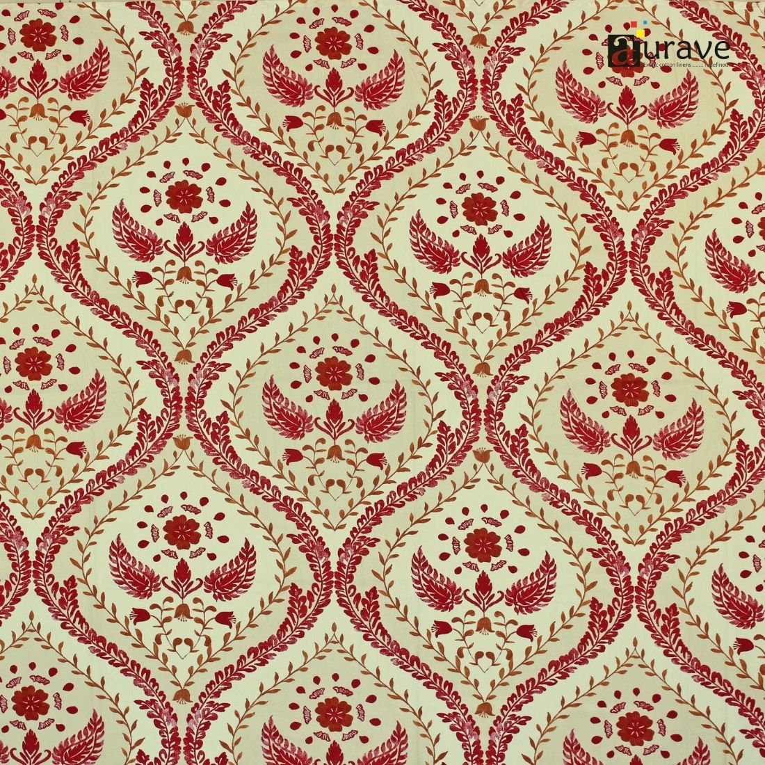 R144TC 100% Elastic Fitted Bedsheet Red floral pattern on a beige background with AURAVE branding.
