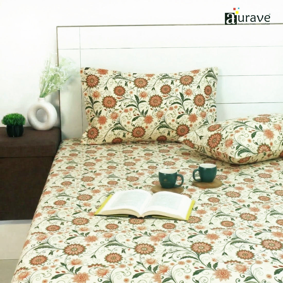 144TC 100% Elastic Fitted Bedsheet  with flower design and 2 pillows, AUARVE BEDSHEET