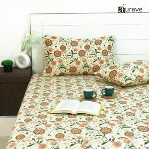 144TC 100% Elastic Fitted Bedsheet  with flower design and 2 pillows, AUARVE BEDSHEET