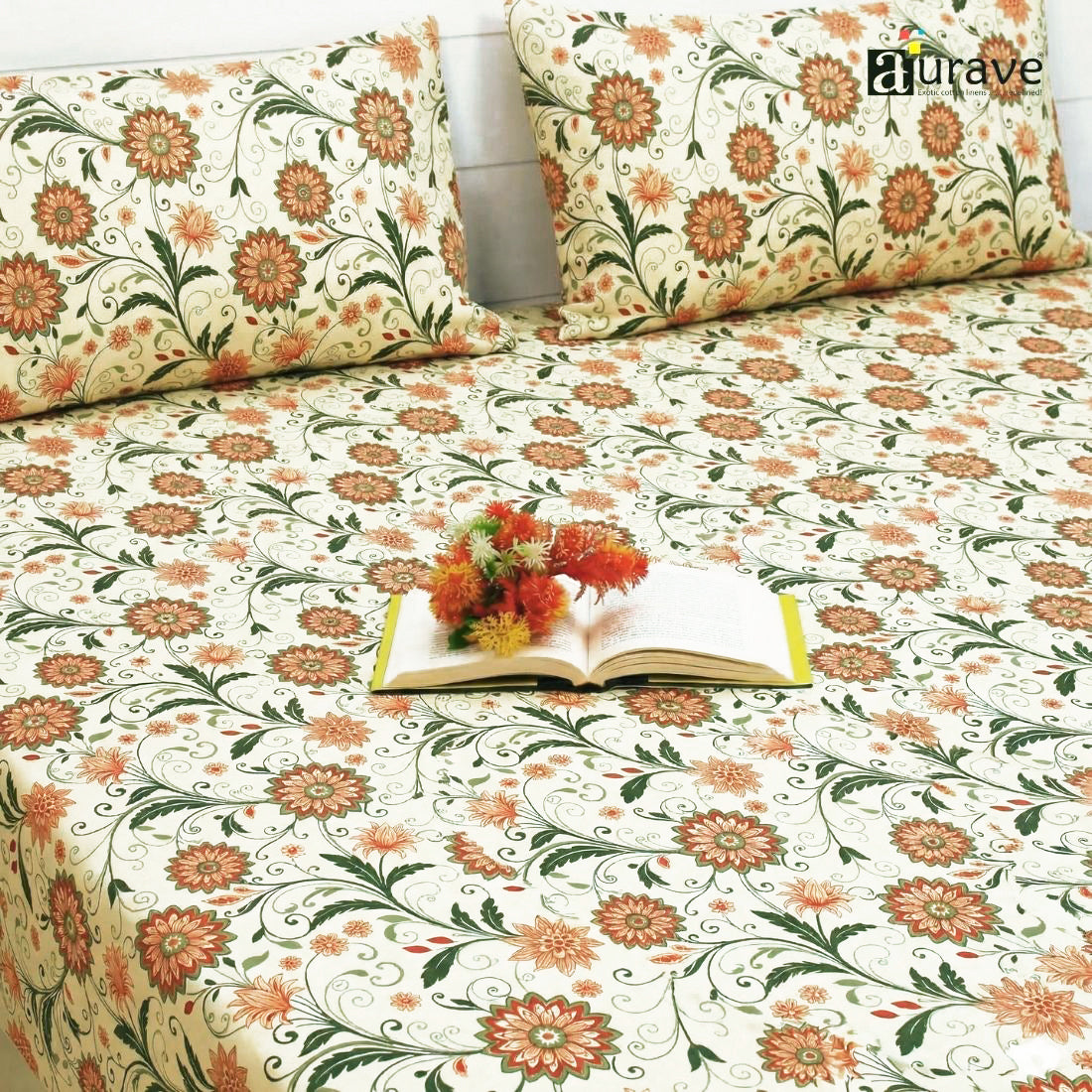 144TC 100% Elastic Fitted Bedsheet  with flower design and 2 pillows, AUARVE BEDSHEET