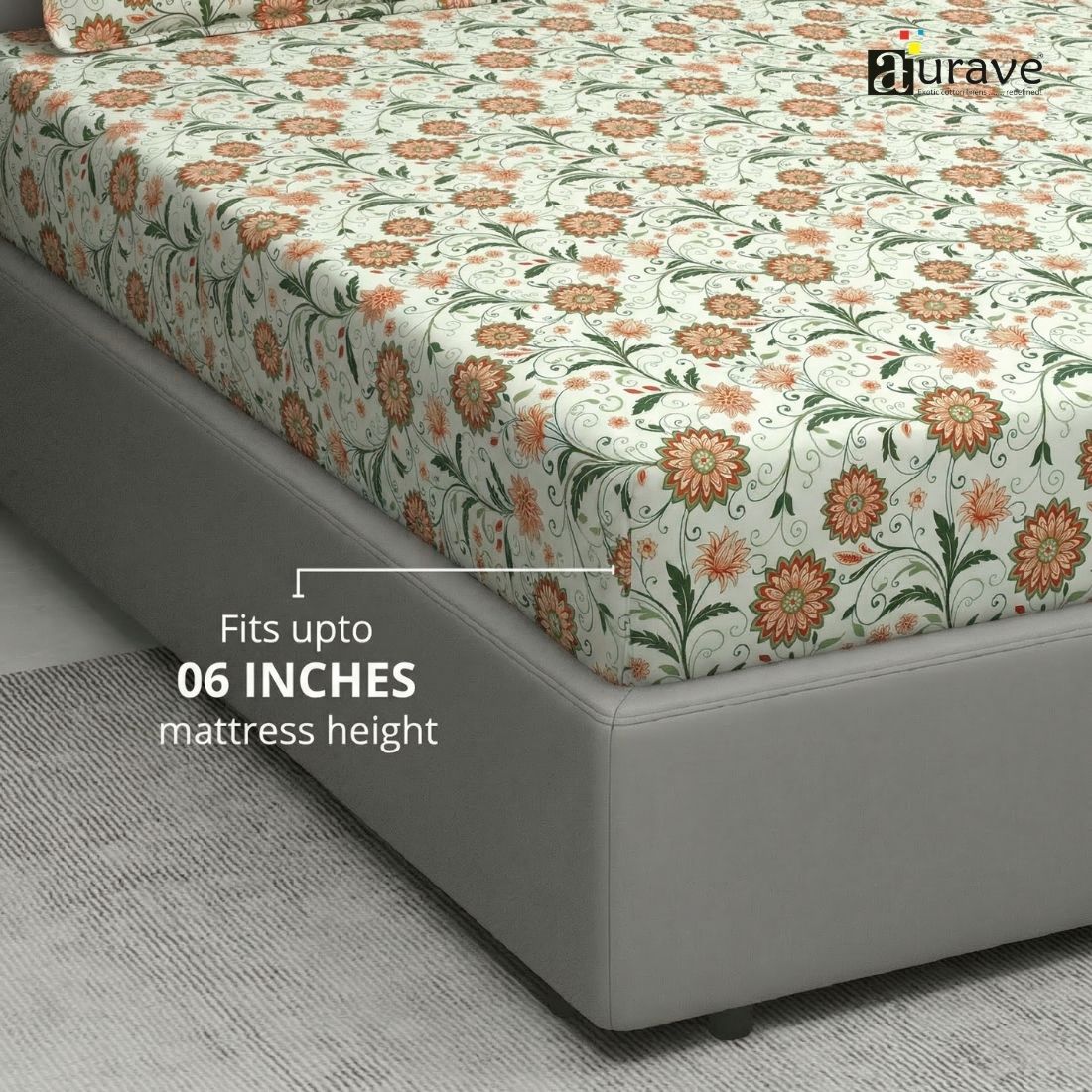 144TC 100% Elastic Fitted Bedsheet, Floral patterned, Fits upto 06 inches mattress height bedsheet