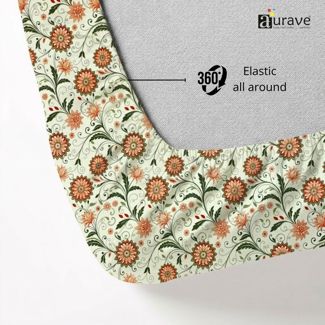 144TC 100% Elastic Fitted Bedsheet  Floral patterned AURAVE branding and 360 Elastic all around fitted