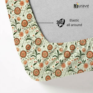144TC 100% Elastic Fitted Bedsheet  Floral patterned AURAVE branding and 360 Elastic all around fitted