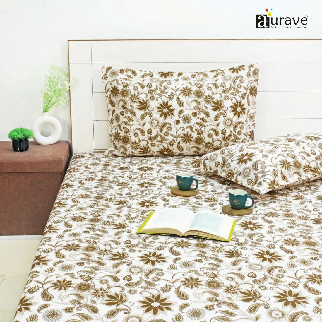 144TC 100% Elastic Fitted Bedsheet  with flower design and 2 pillows, AUARVE BEDSHEET