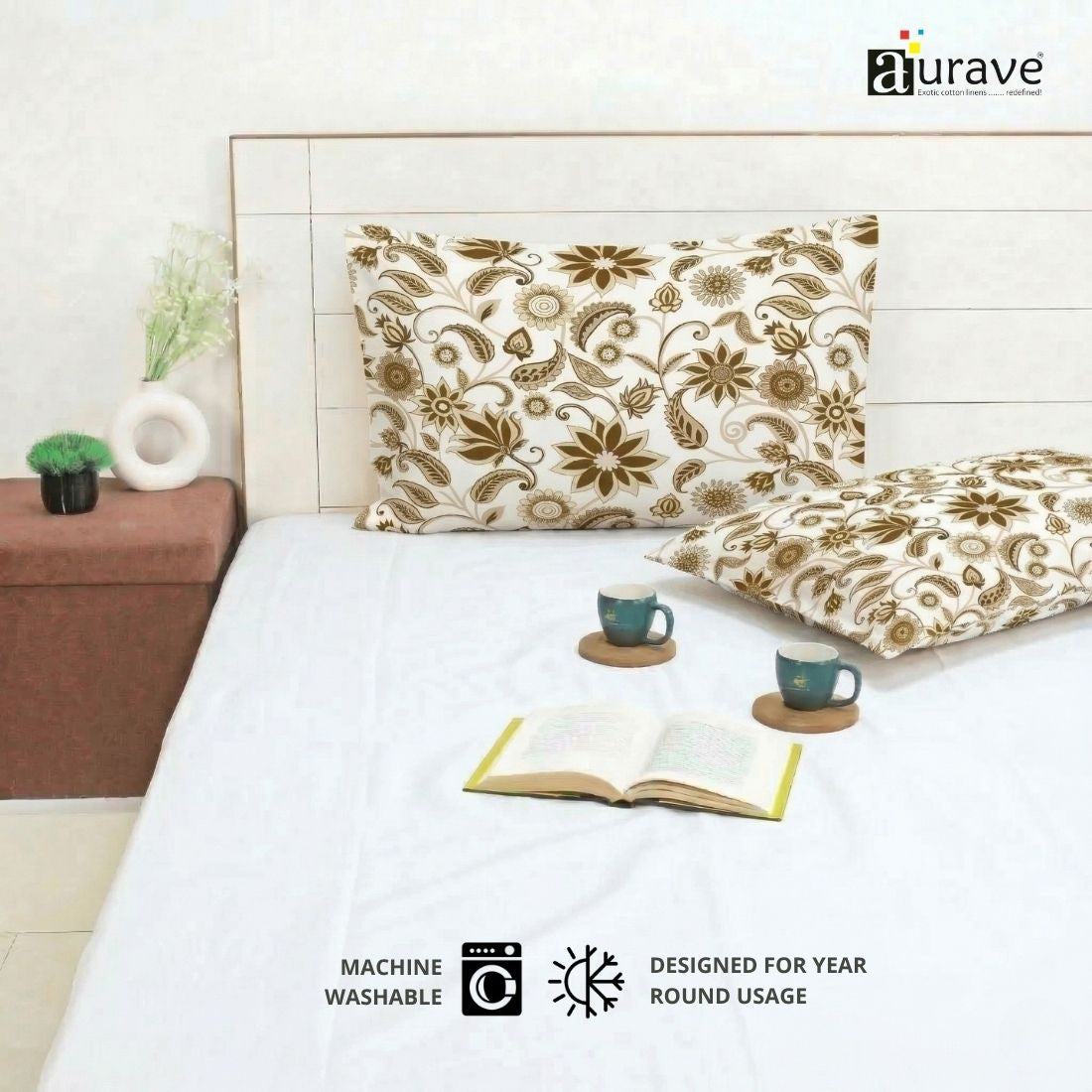 Eczema skin-friendly and zero color fading cotton pillow covers by AURAVE showing precision stitching and a brown paisley design.
