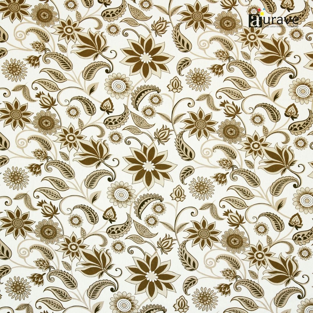 Brown floral and paisley pattern on a white background with 'AURAVE' branding.
