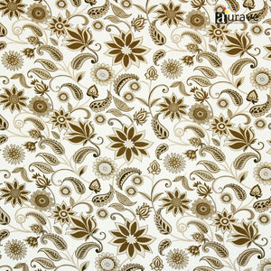 Brown floral and paisley pattern on a white background with 'AURAVE' branding.