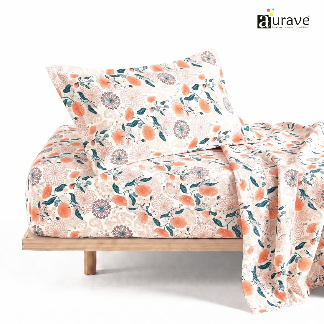 Printed Cotton Floral 144 TC Bedsheet with Pillow Cover - Peach
