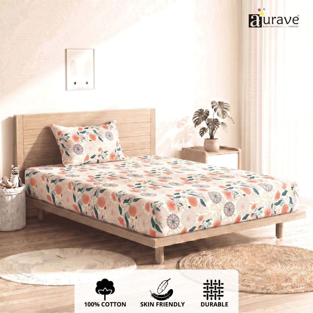 Printed Cotton Floral 144 TC Bedsheet with Pillow Cover - Peach