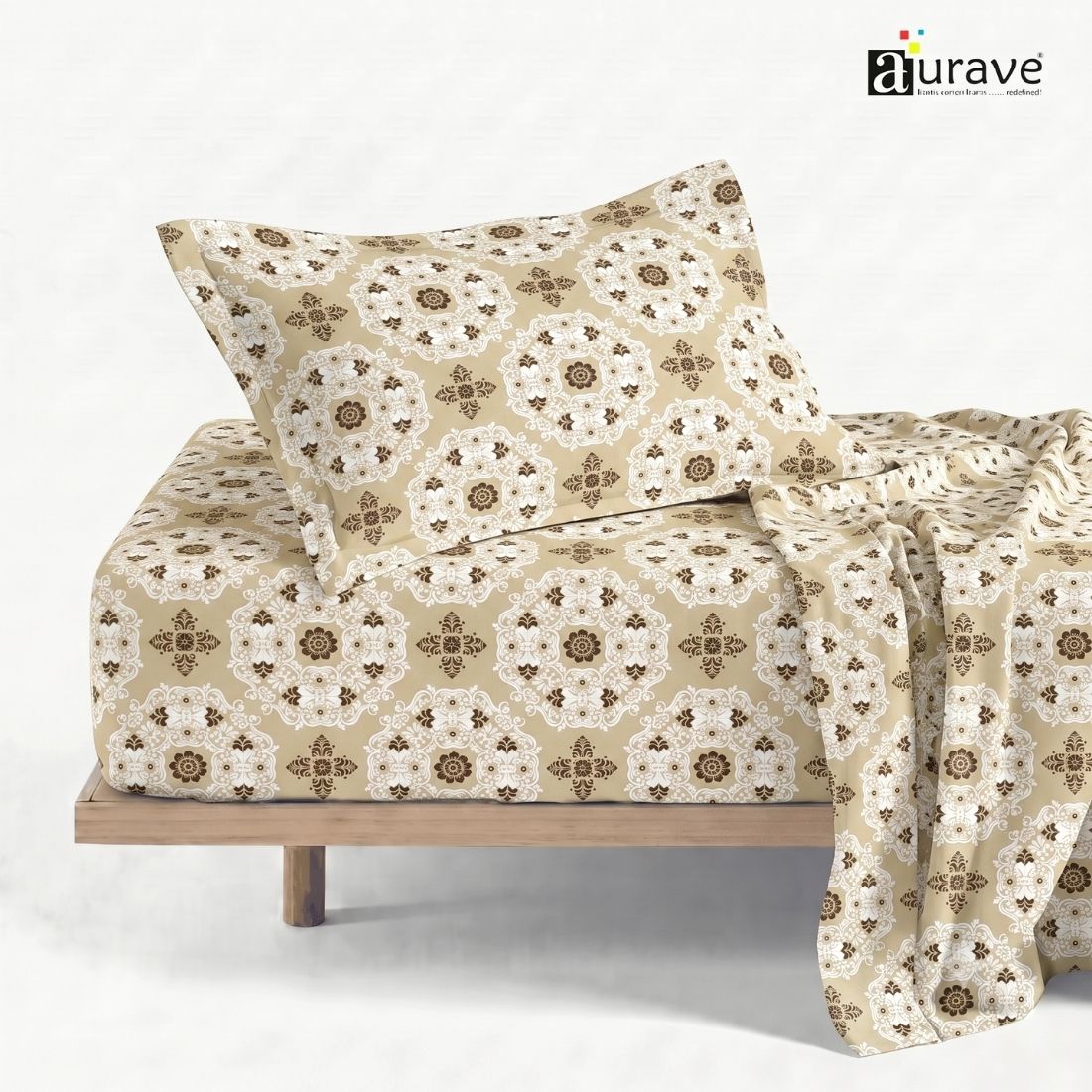 Printed Cotton Floral 144 TC Bedsheet with Pillow Cover - Brown