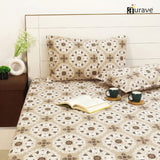 Printed Floral Cotton 144 TC Fitted Bedsheet with Pillow Covers - Brown