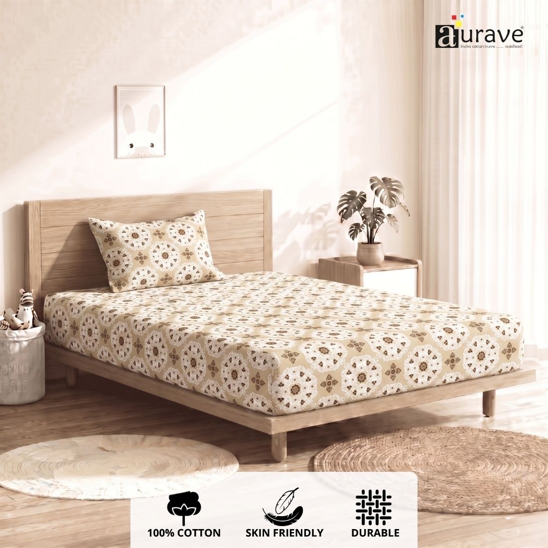 Printed Cotton Floral 144 TC Bedsheet with Pillow Cover - Brown