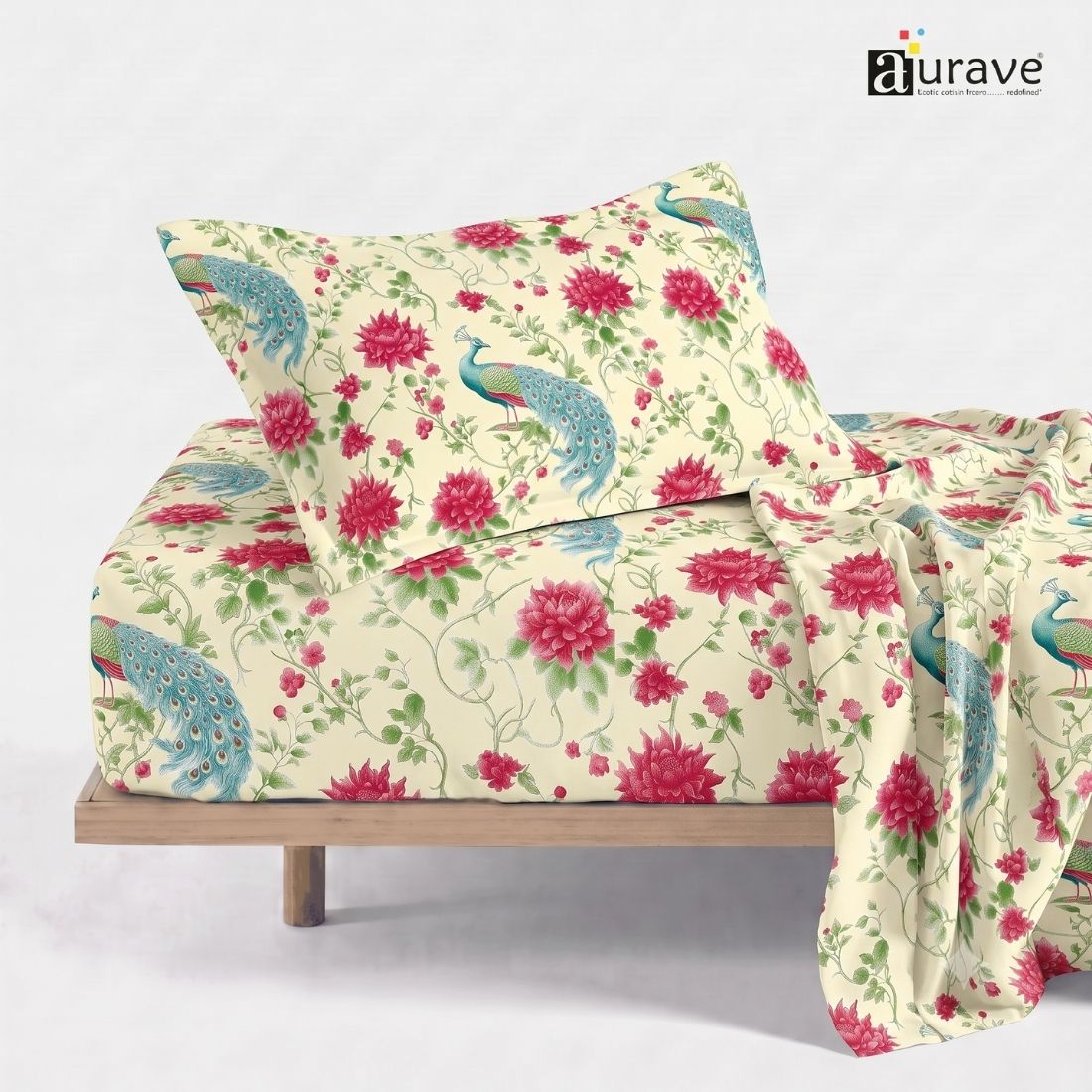 Printed Cotton Floral 144 TC Bedsheet with Pillow Cover - Peacock