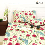 Printed Floral Cotton 144 TC Fitted Bedsheet with Pillow Covers - Peacock