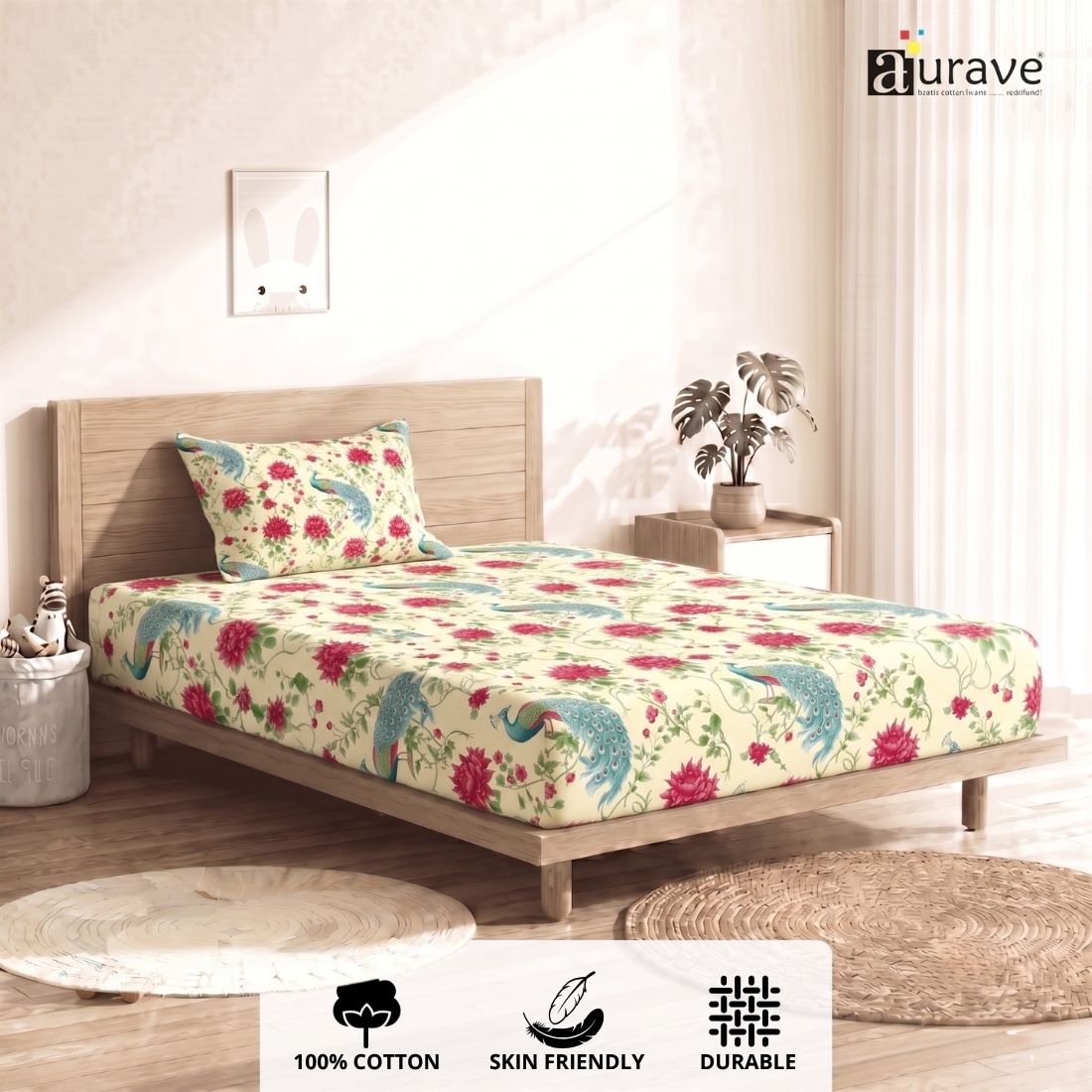 Printed Cotton Floral 144 TC Bedsheet with Pillow Cover - Peacock