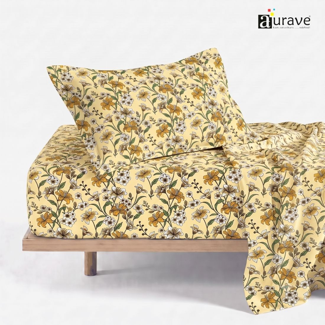 Printed Cotton Floral 144 TC Bedsheet with Pillow Cover - Mustard