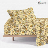 Printed Cotton Floral 144 TC Bedsheet with Pillow Cover - Mustard