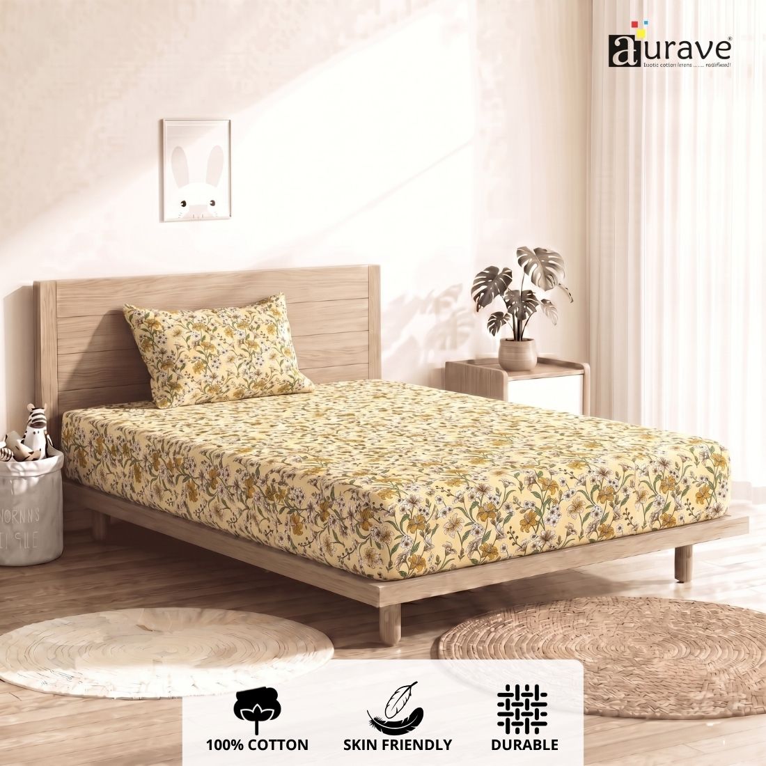 Printed Cotton Floral 144 TC Bedsheet with Pillow Cover - Mustard