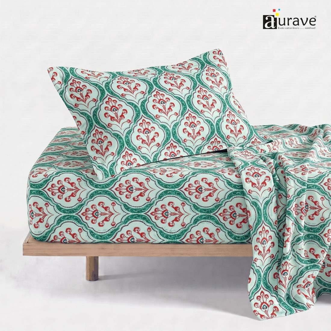 Printed Cotton Floral 144 TC Bedsheet with Pillow Cover - Aqua