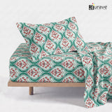 Printed Cotton Floral 144 TC Bedsheet with Pillow Cover - Aqua