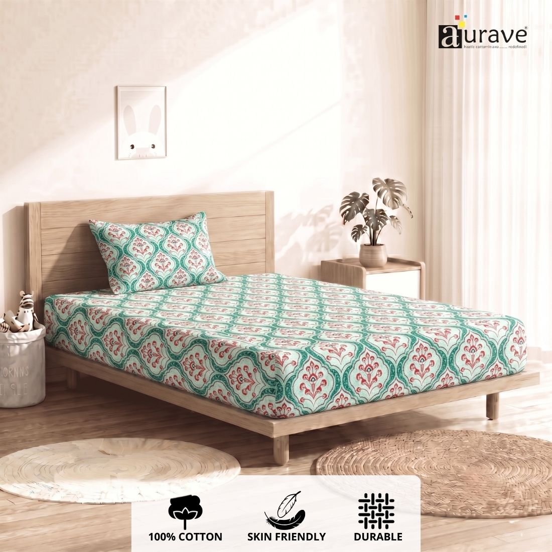 Printed Cotton Floral 144 TC Bedsheet with Pillow Cover - Aqua