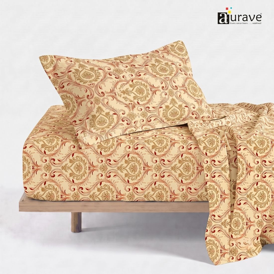 Printed Cotton Floral 144 TC Bedsheet with Pillow Cover - Rust