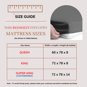 Soft Plain 400 TC Cotton Satin Fitted Bedsheet In Purple Size Guide Chart 