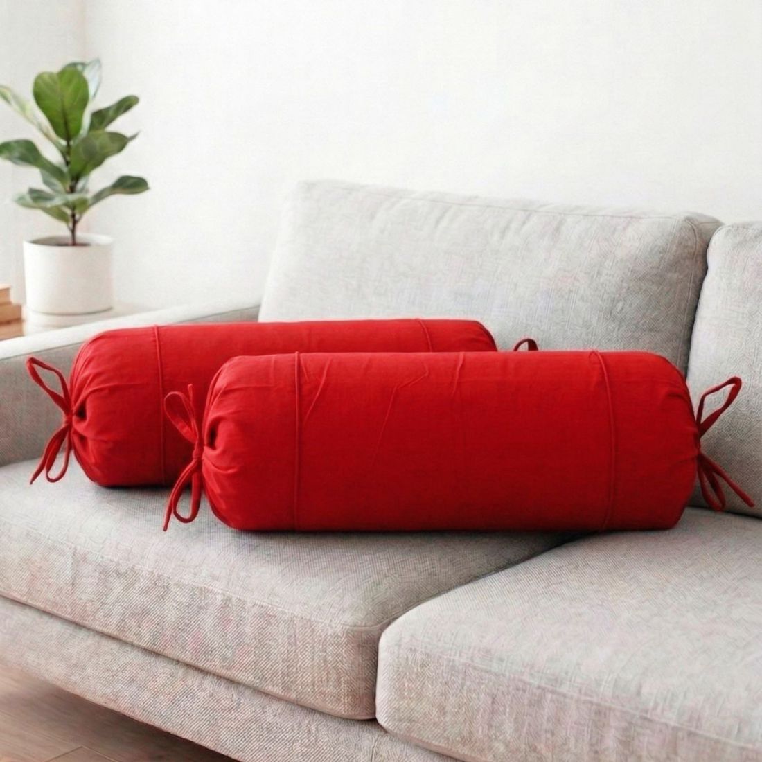 Plain Cotton 2 Pcs Bolster Cover Set - Red