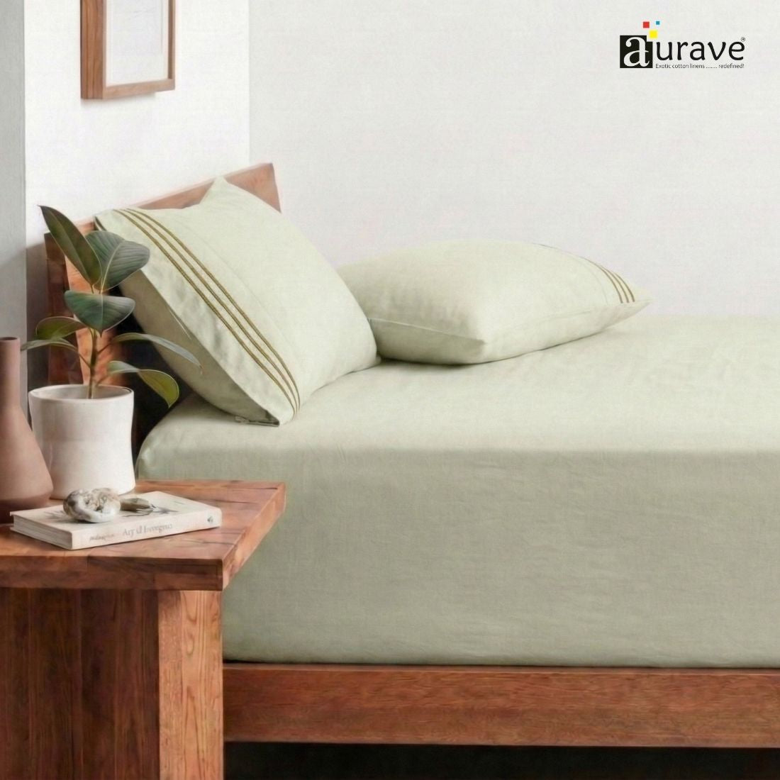 Luxury King Size Cotton Flat Bedsheet with Embroidered Pillow Covers - Khaki