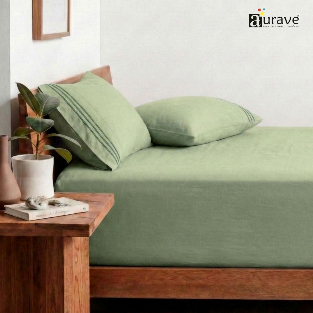 Luxury King Size Cotton Flat Bedsheet with Embroidered Pillow Covers - Pista