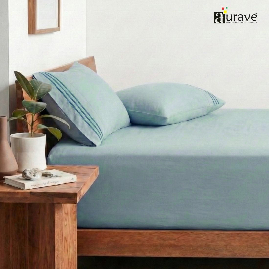 Luxury King Size Cotton Flat Bedsheet with Embroidered Pillow Covers - Sky Blue