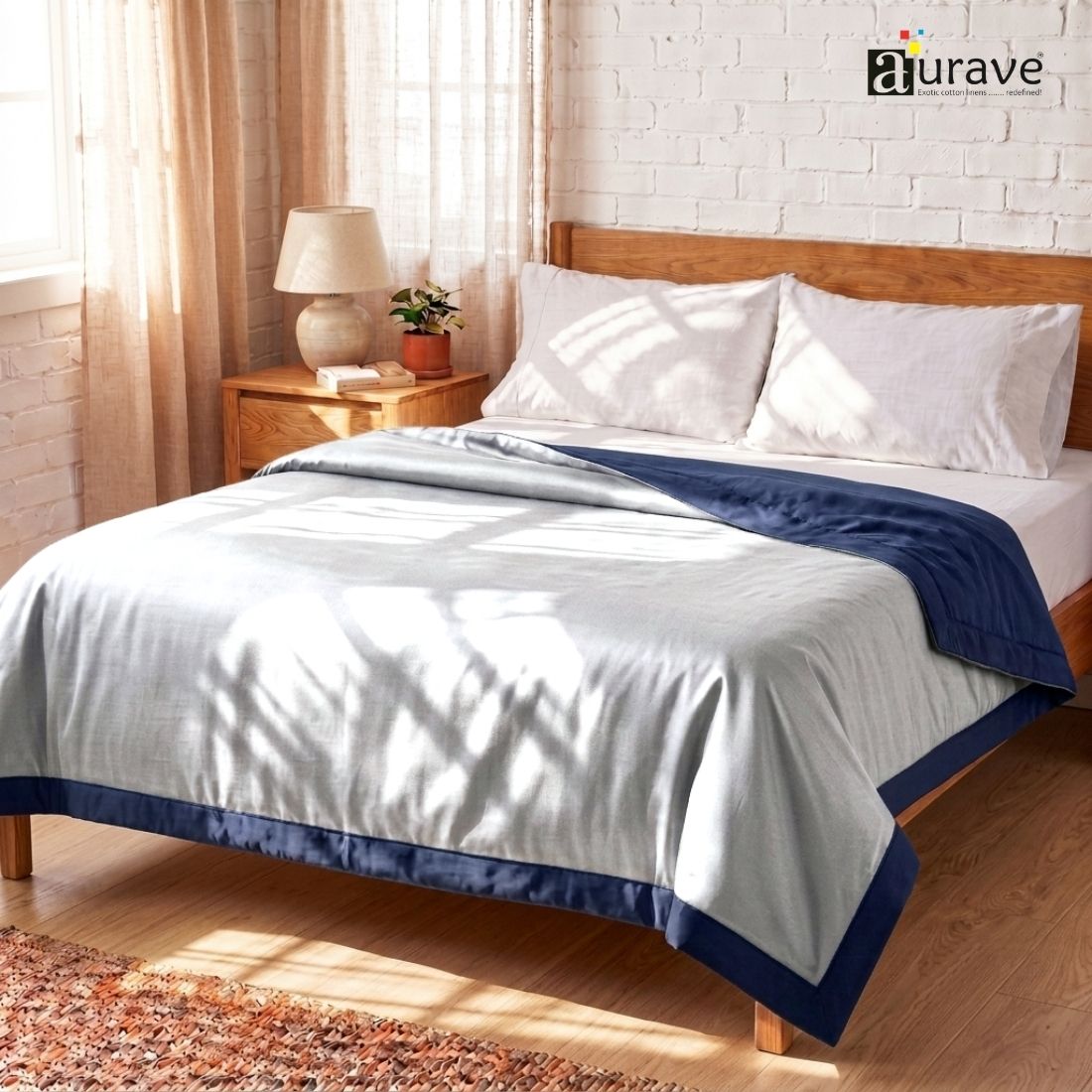Cotton Satin 400 TC Luxurious Dohar, Silver & Navy Blue