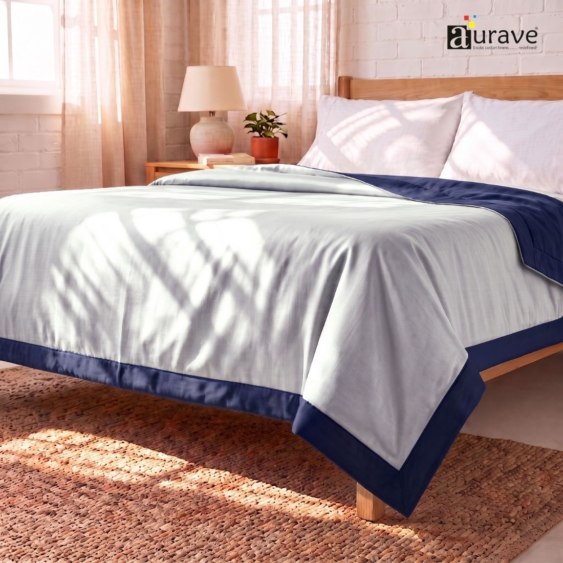 Cotton Satin 400 TC Luxurious Dohar, Silver & Navy Blue