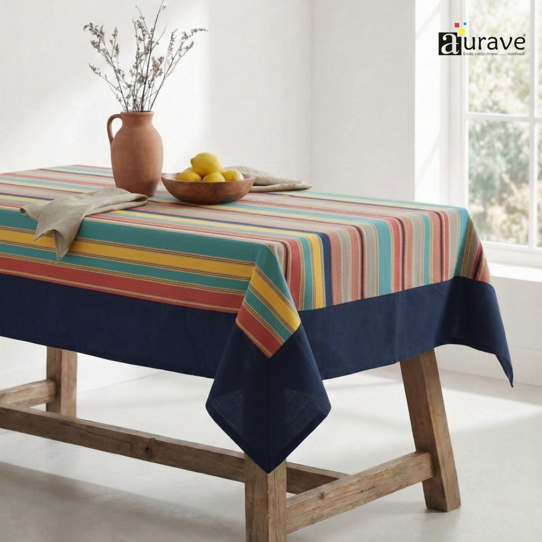 ALPHA Woven Cotton Stripes 1 Pc Table Cover - Multicolor