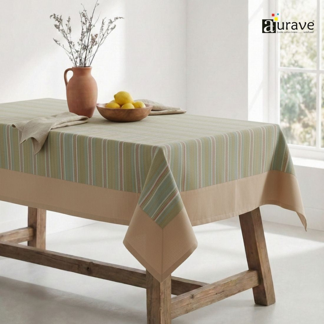 ALPHA Woven Cotton Stripes 1 Pc Table Cover -  Brown