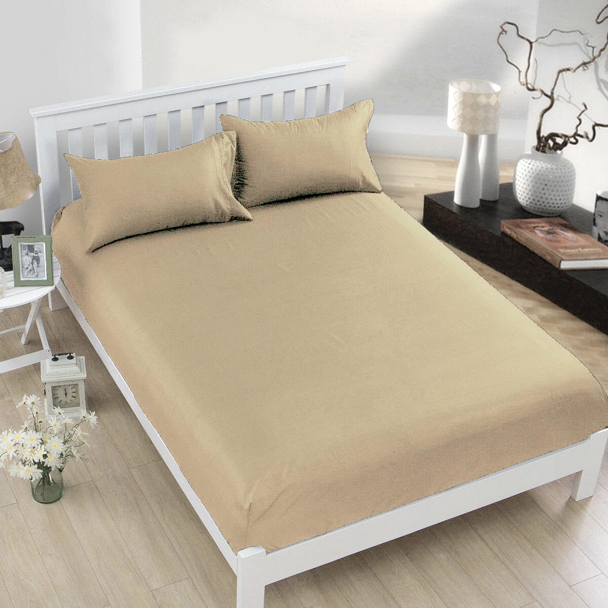 Soft Cotton Plain 400 TC King Size Satin Flat Bedsheet In Beige At Best Prices