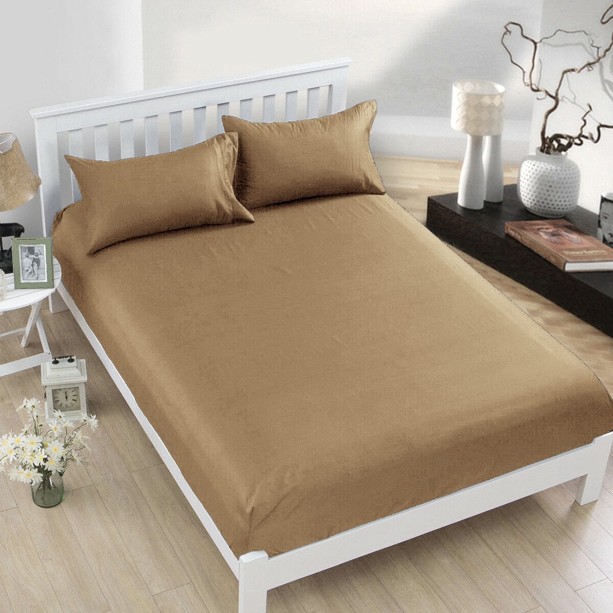 Plain 400 TC Cotton Satin Bedsheet with Pillow Covers - Camel Brown