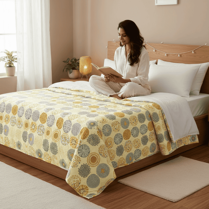 Elegant Microfibre Dohar | Floral Medallion Yellow