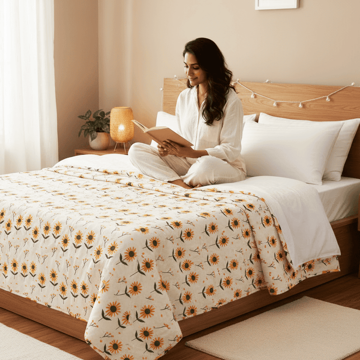 Elegant Microfibre Dohar for Festive Gifting | Sunflower Motif Yellow