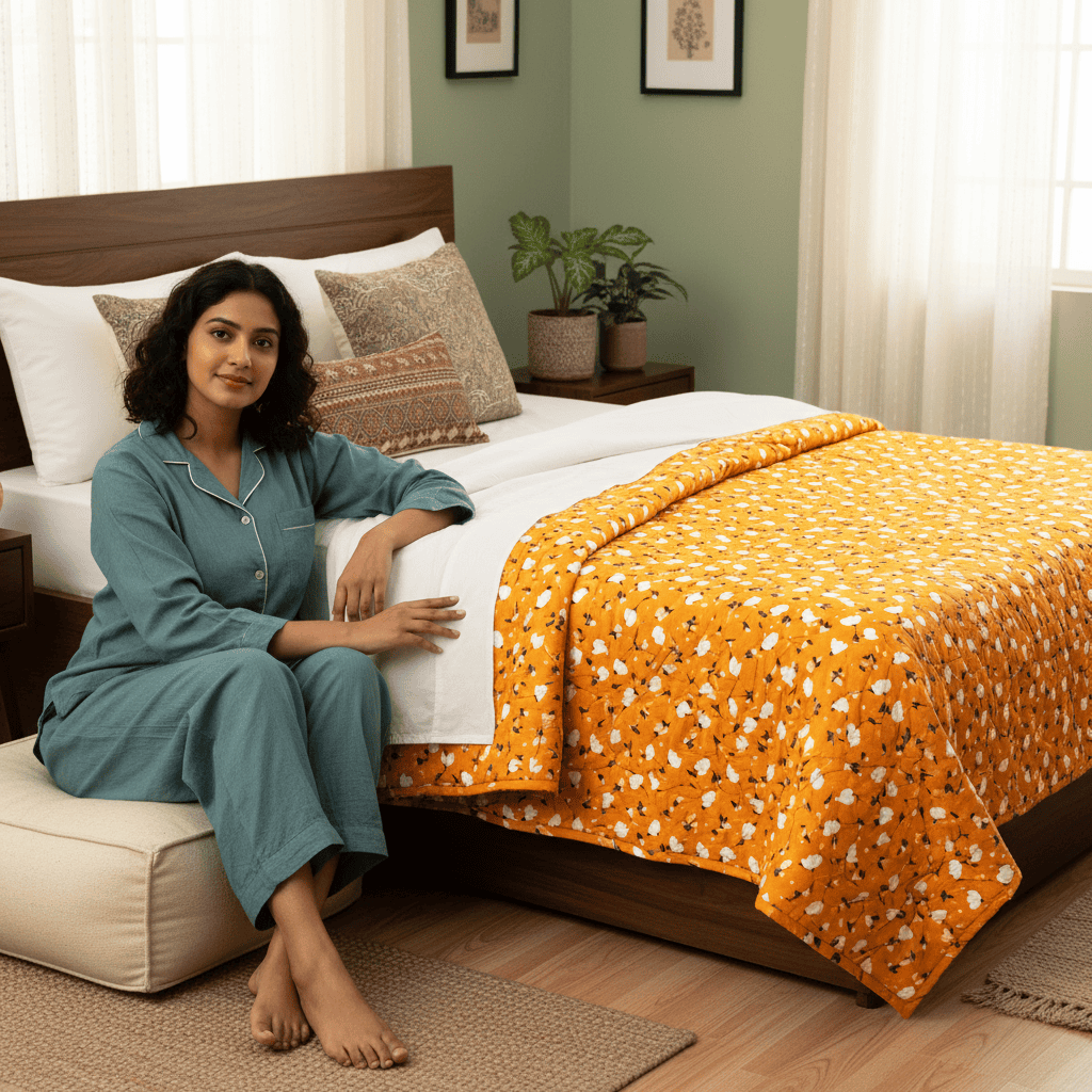 Elegant Microfibre Dohar| Botanical Motif Yellow