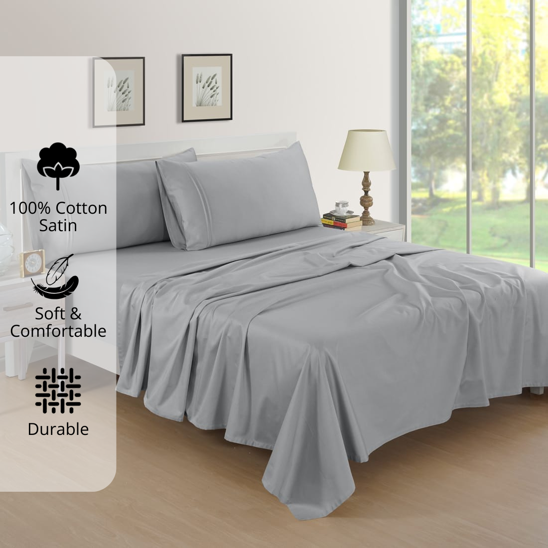 Plain Cotton Satin 400 TC Bedsheet with Pillow Covers - Silver