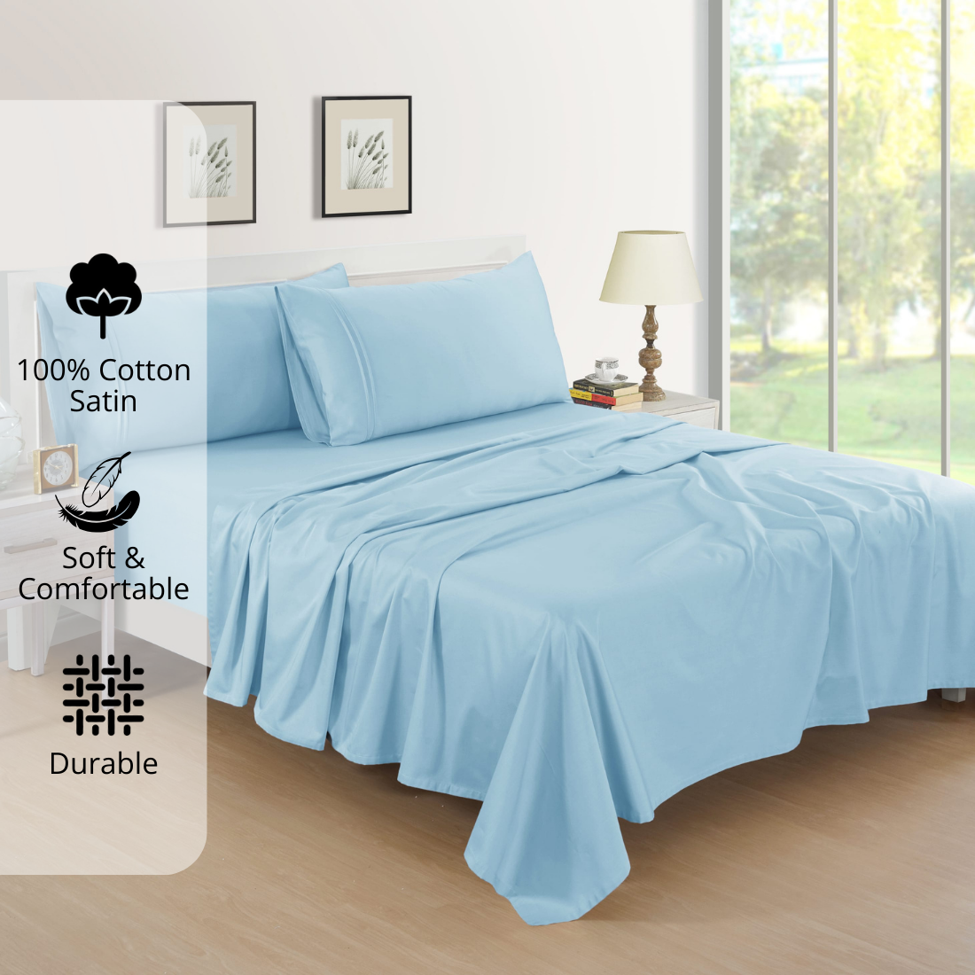 Plain Cotton Satin 400 TC Bedsheet with Pillow Covers - Sky