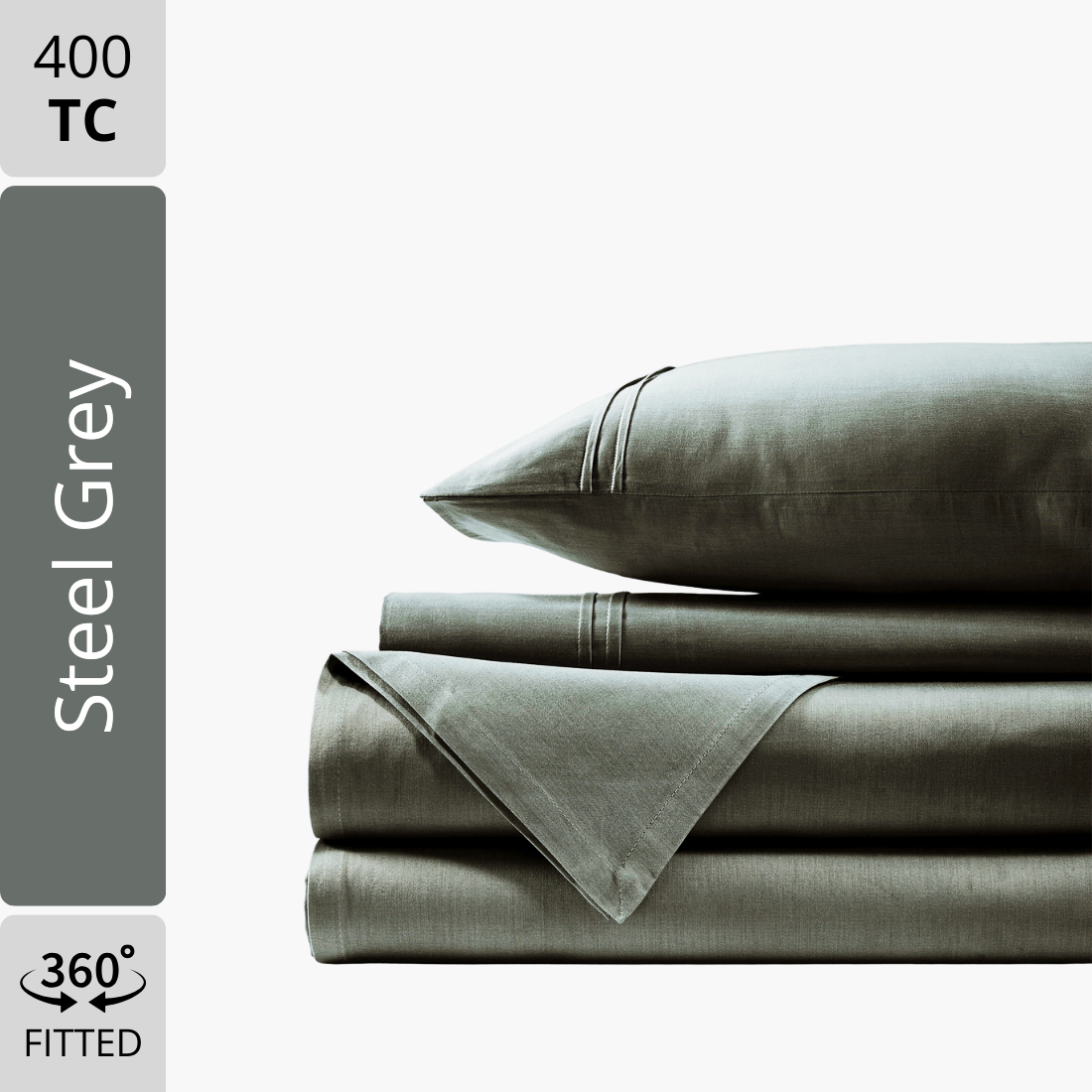 Plain Cotton Satin 400 TC Fitted Bedsheet with Pillow Covers - Steel Grey
