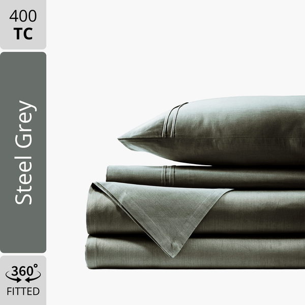 Plain Cotton Satin 400 TC Fitted Bedsheet with Pillow Covers - Steel Grey