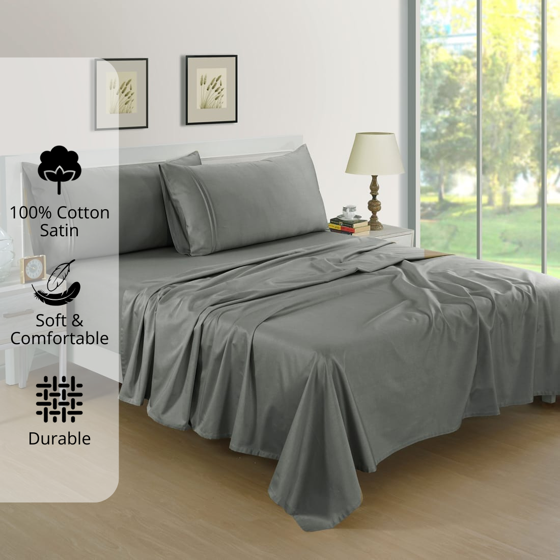 Plain Cotton Satin 400 TC Fitted Bedsheet with Pillow Covers - Steel Grey