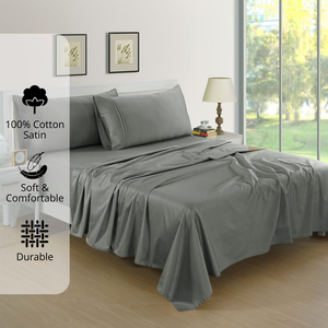 Plain Cotton Satin 400 TC Fitted Bedsheet with Pillow Covers - Steel Grey